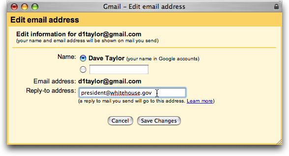 Google Gmail: Edit Email Address: Reply-To Address