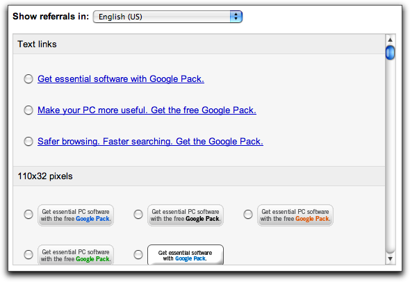 Google AdSense Referrals: Google Pack Links
