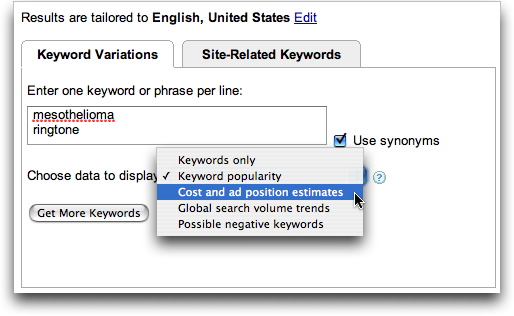 Google AdWords Keyword Tool: mesothelioma and ringtone