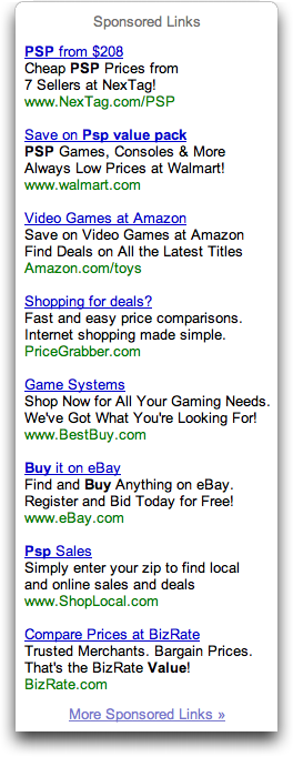 Google ad results from 'Buy Sony PSP Value Pack'