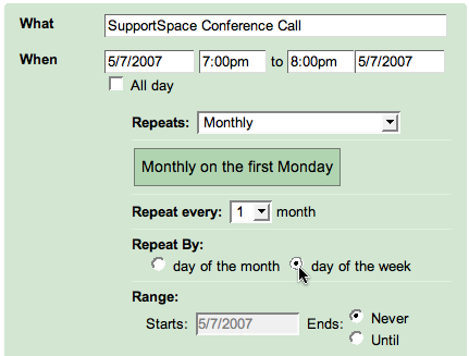 Google Calendar: Event Repeats: Monthly