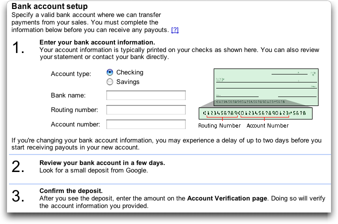 Google Checkout: bank account setup