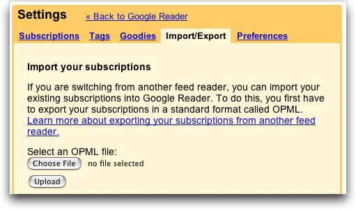 Google Reader: Settings: Import/Export