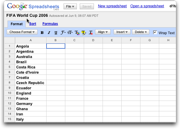 Google Spreadsheets, Main View