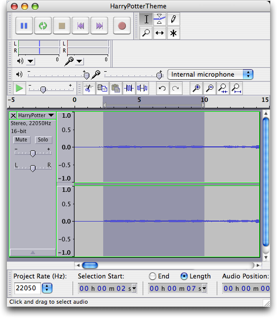 Harry Potter mp3 theme music, shown in Audacity on the Mac