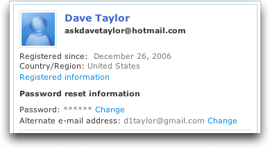 Microsoft MSN Windows Live Hotmail: Account Info