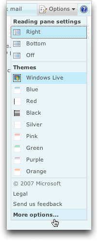 Microsoft MSN Windows Live Hotmail: Options Menu