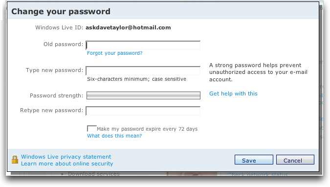Bowling Mainstream Gelukkig How do I change my Hotmail password in Windows Live Hotmail? - Ask Dave  Taylor
