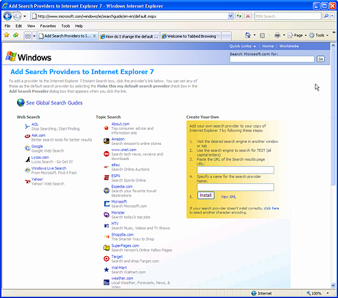 Microsoft Internet Explorer 7: Search Defaults