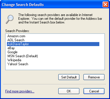 Microsoft Internet Explorer 7: Search Defaults