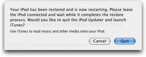 Apple iTunes: iPod Restored to Factory Settings