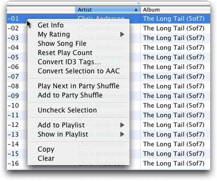 Apple iTunes: Right Click on an individual track