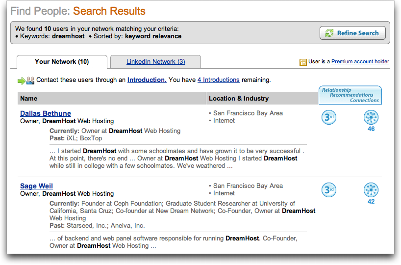 LinkedIn: Results of a search for Dreamhost