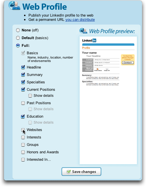 LinkedIn: Web Profile configuration page