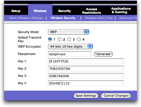 Linksys Wireless wifi 802.11g router: configuration screen for security / WEP / WPA