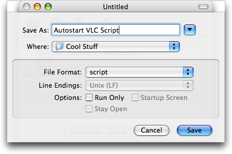 Mac OS X: Apple Script: Script Editor: Autostart VLC on insertion of DVD