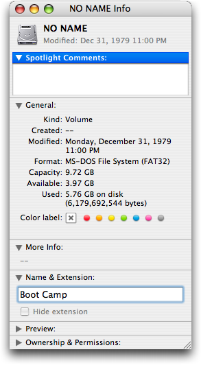 Mac Boot Camp, in Mac OS X FInder: Changing Disk Name
