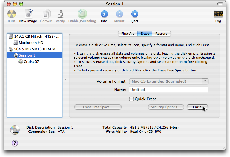 Erasing a CDRW on Apple Mac OS X 2