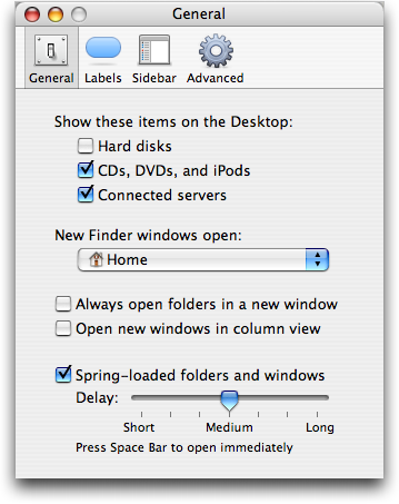 Mac OS X Finder Preferences: General