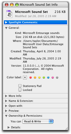 Mac OS X: Microsoft Sound Set 'Get Info'