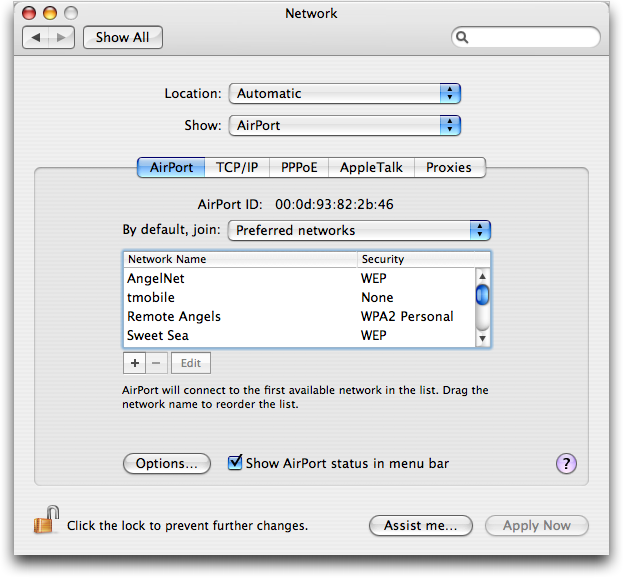 Mac OS X: Network Configuration: Airport Wireless Wifi 802.11