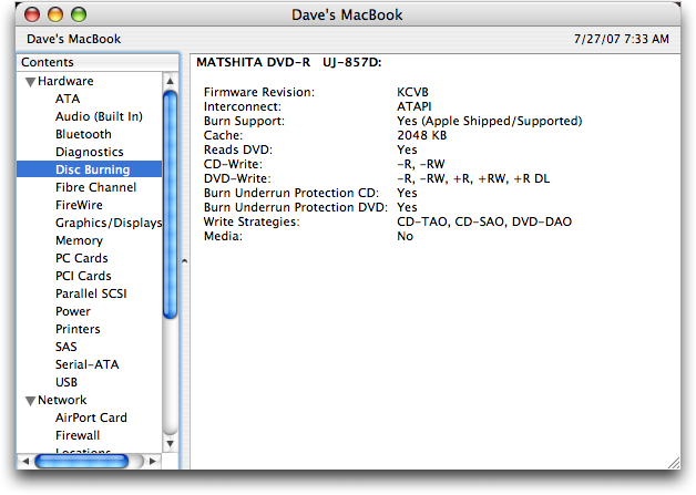 Apple Mac OS X: System Profiler: Hardware Profile
