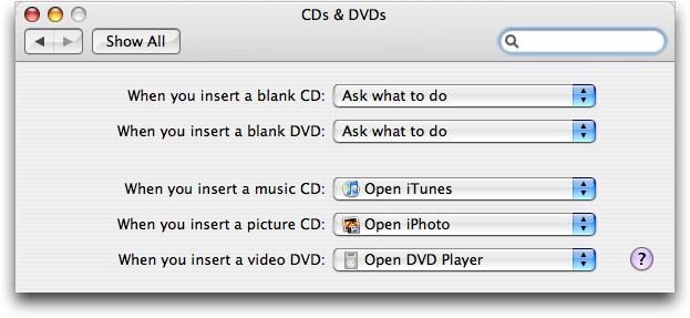 Mac System Preferences: Hardware: CDs and DVDs: Settings