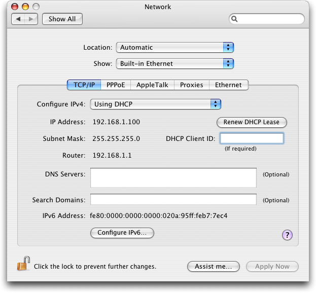 Mac OS X: System Preferences: TCP/IP Configuration