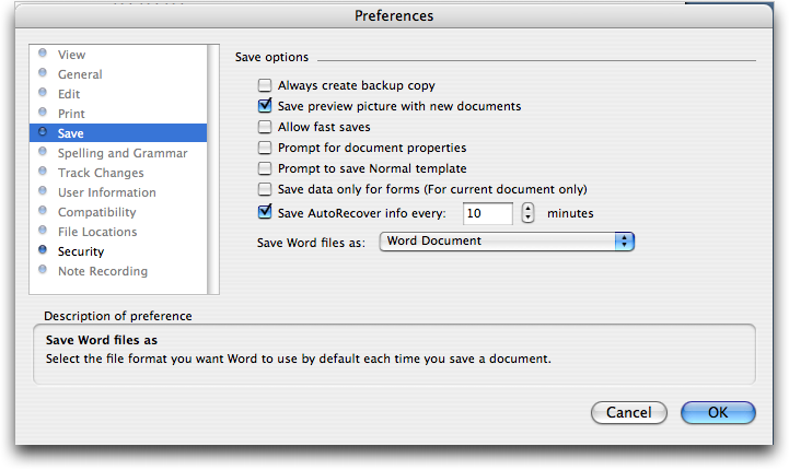 Setting a document password in Microsoft Word for Mac OS X