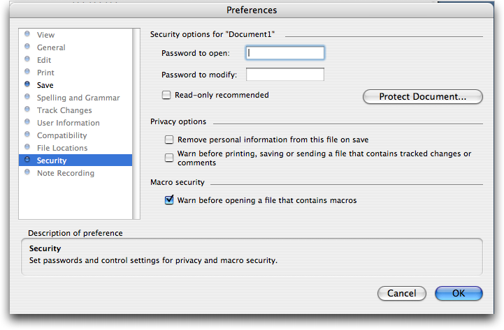 Setting a document password in Microsoft Word for Mac OS X