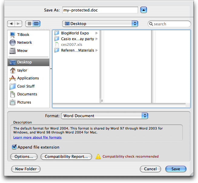 Setting a document password in Microsoft Word for Mac OS X