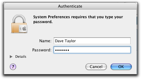 Mac OS X: System Preferences: Accounts: Admin authentication password