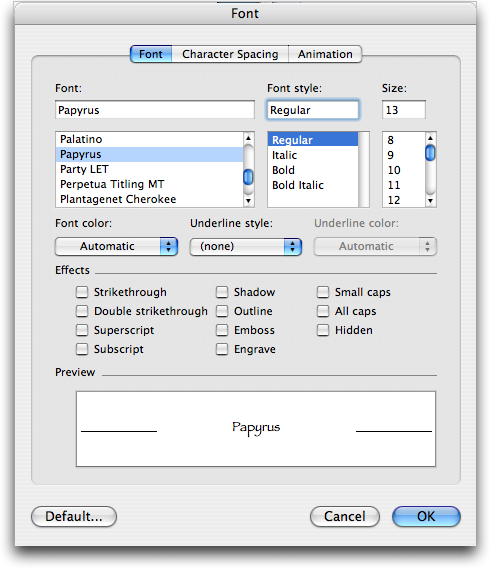 Microsoft Word for Mac OS X: Format: Font