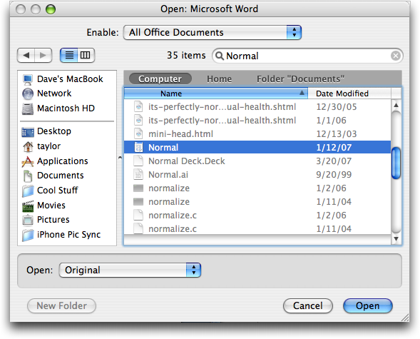 Microsoft Word for Mac OS X: Open: Find 'Normal' Template