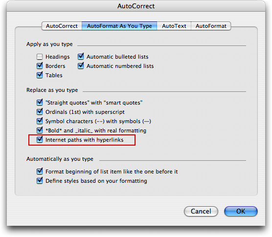 Microsoft Word for Mac / Autolink hyperlink URL: Autoformat