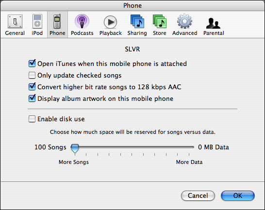 Motorola SLVR: iTunes / iPod Preferences