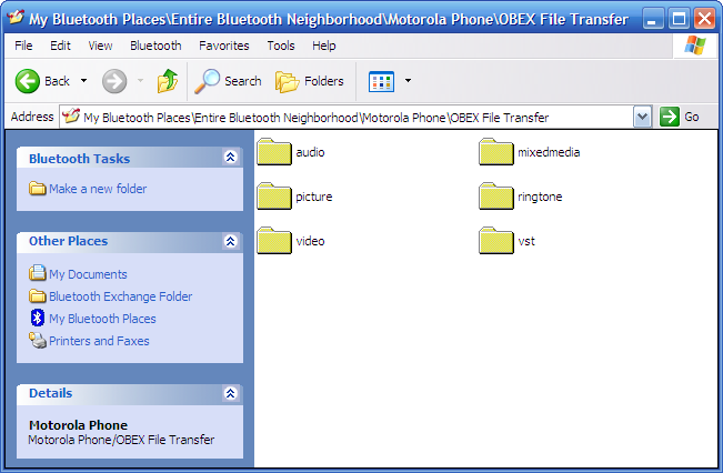 Windows XP Exploring Motorola RAZR V3c via OBEX / Bluetooth