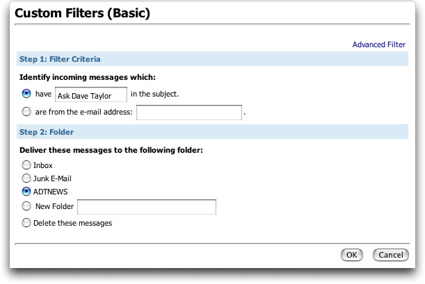 Creating a custom filter in MSN Hotmail