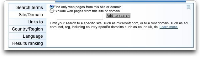 MSN Search Builder, Site/Domain tab