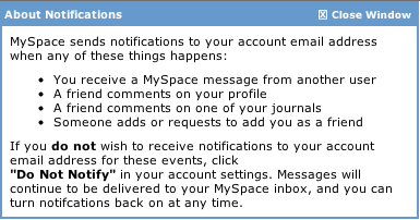 MySpace: Help Information for Notifications Setting