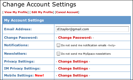 MySpace: Change Account Settings: Privacy