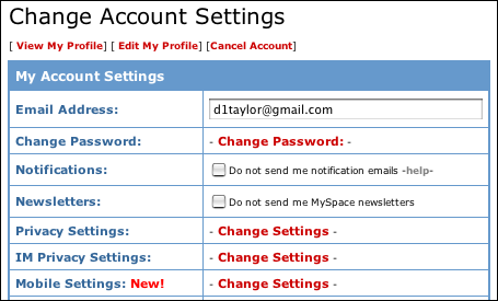 MySpace Account Settings