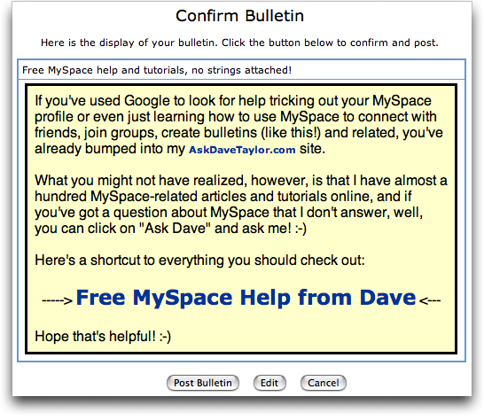 Confirm Bulletin at MySpace / MySpace Bulletin