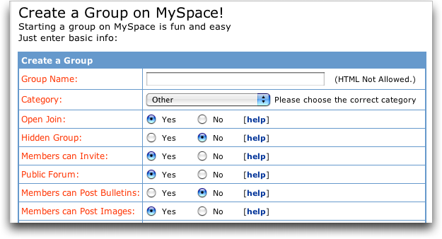 MySpace: Create New MySpace Group