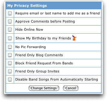 MySpace: Change Account Settings: Privacy