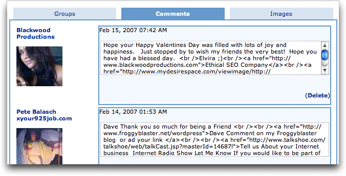 MySpace Profile Editor: Safe Mode: Comments