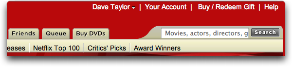 Netflix DVD rental service: top right menu