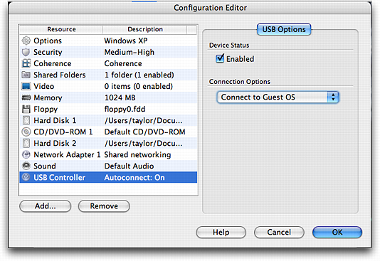 Parallels for Mac OS X: Edit Virtual Machine: Configuration Editor: USB Controller