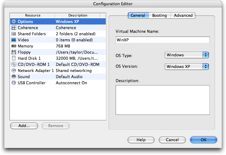 Parallels Configuration Editor (Mac OS X / Windows XP)