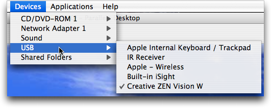 Creative Labs Zen Vision:W Portable Media Player: Plugged into to Mac OS X and Connected to Parallels